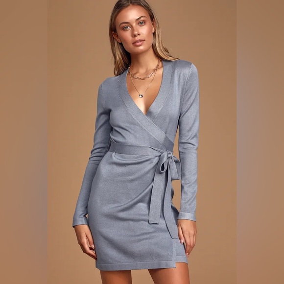 Lulus Literary Lover Slate Blue Wrap Sweater Dress - Picture 1 of 6